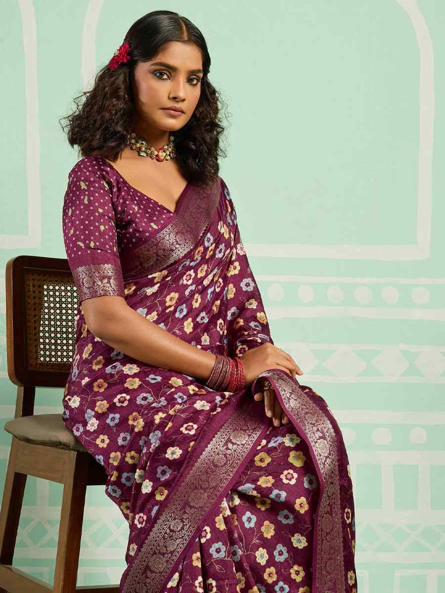 Wine Printed Handwoven Traditional Bridal Reception Festival Wedding Fancy Classic Style Sarees