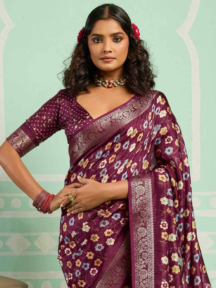 Wine Printed Handwoven Traditional Bridal Reception Festival Wedding Fancy Classic Style Sarees