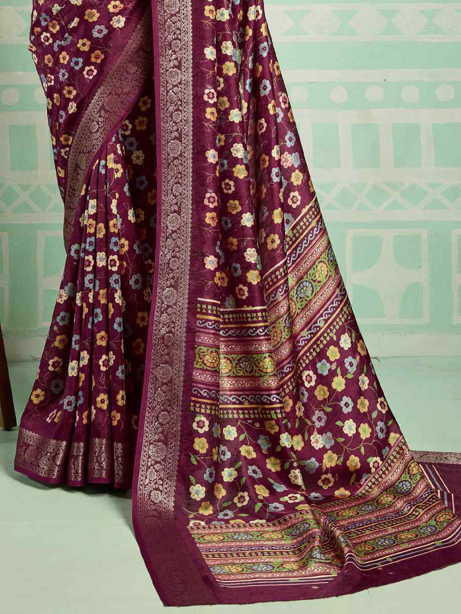 Wine Printed Handwoven Traditional Bridal Reception Festival Wedding Fancy Classic Style Sarees
