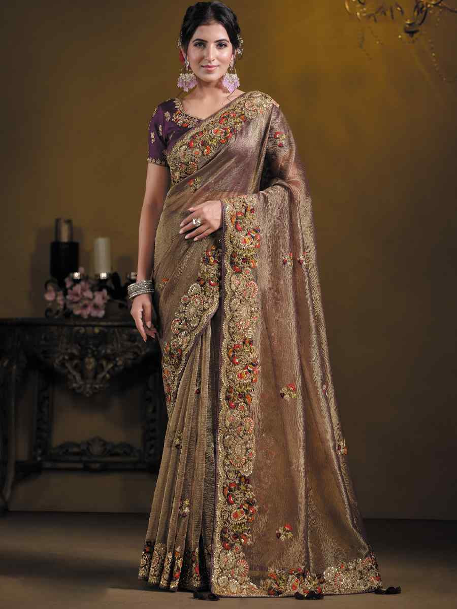 Wine Pure Banarasi Crush Embroidered Festival Wedding Fancy Heavy Border Saree