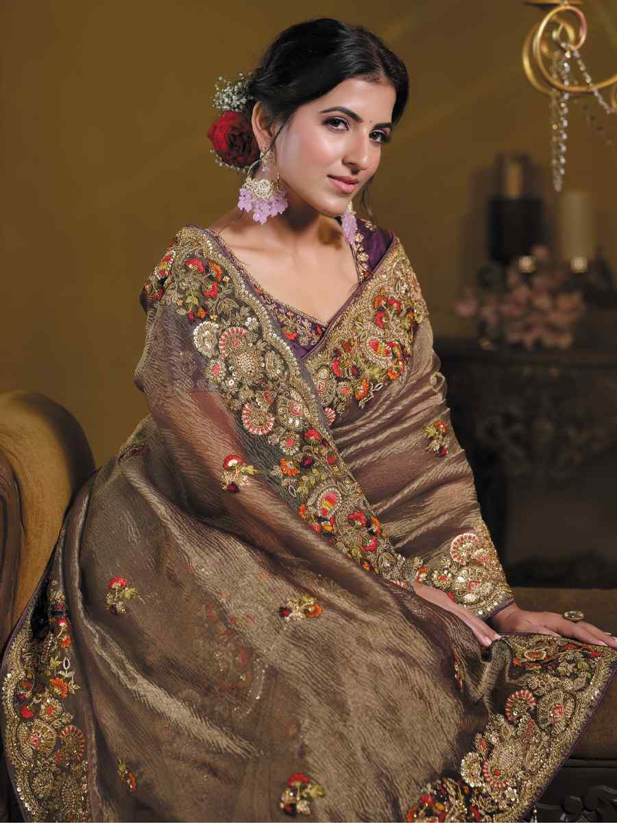 Wine Pure Banarasi Crush Embroidered Festival Wedding Fancy Heavy Border Saree