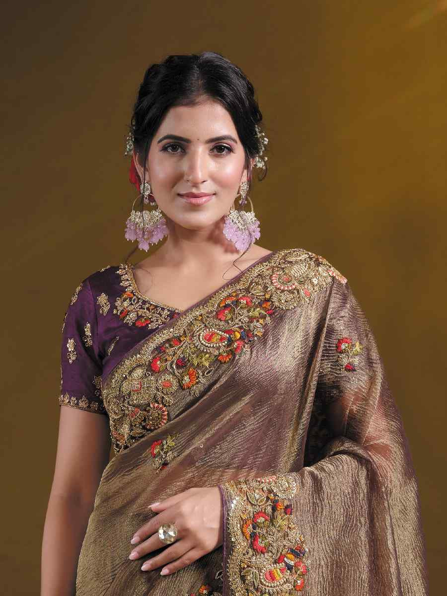 Wine Pure Banarasi Crush Embroidered Festival Wedding Fancy Heavy Border Saree