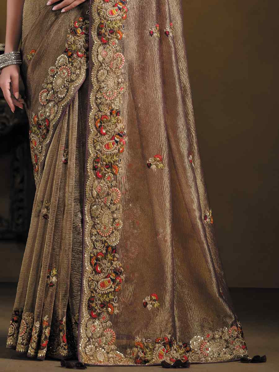 Wine Pure Banarasi Crush Embroidered Festival Wedding Fancy Heavy Border Saree