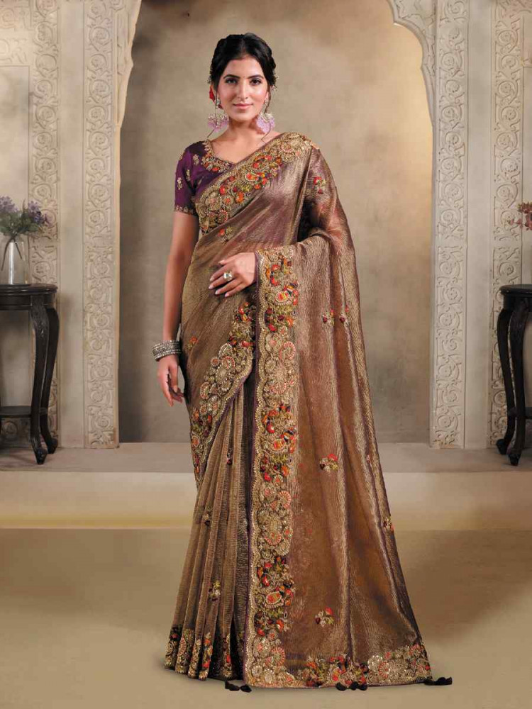 Image of Wine Pure Banarasi Crush Embroidery Traditional Bridal Reception Festival Wedding Fancy Heavy Border Saree