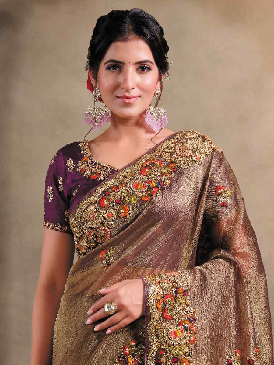 Wine Pure Banarasi Crush Embroidery Traditional Bridal Reception Festival Wedding Fancy Heavy Border Saree