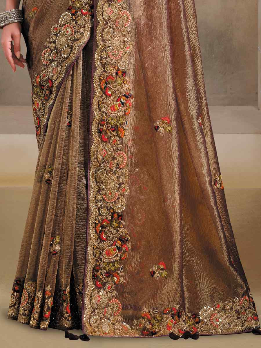 Wine Pure Banarasi Crush Embroidery Traditional Bridal Reception Festival Wedding Fancy Heavy Border Saree