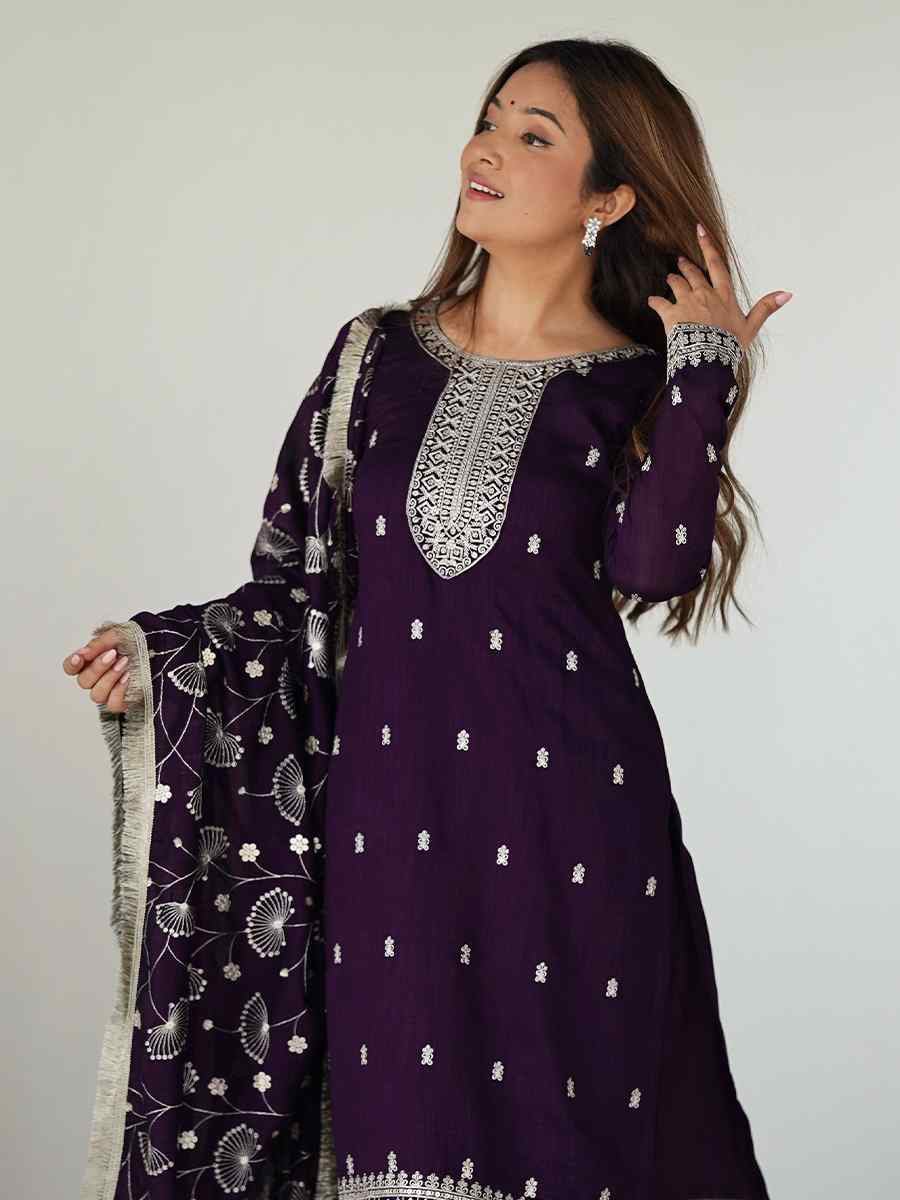 Wine Pure Blooming Rangoli Silk Embroidered Mehendi Wedding Ready Palazzo pant Salwar Kameez