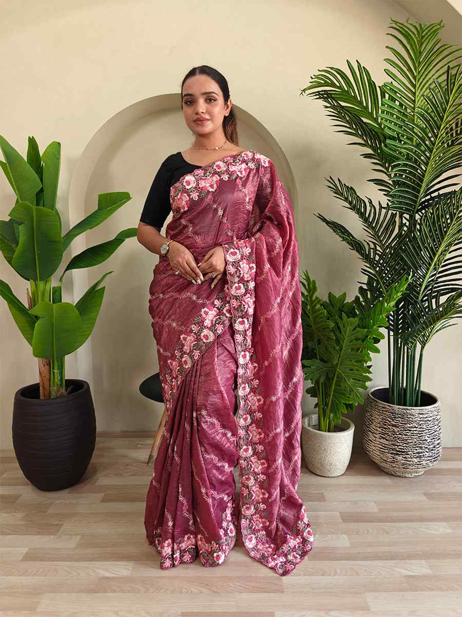 Wine Pure Crush Silk Embroidered Festival Wedding Fancy Heavy Border Saree