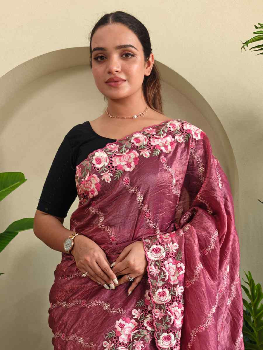 Wine Pure Crush Silk Embroidered Festival Wedding Fancy Heavy Border Saree