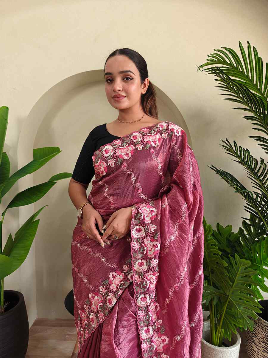 Wine Pure Crush Silk Embroidered Festival Wedding Fancy Heavy Border Saree