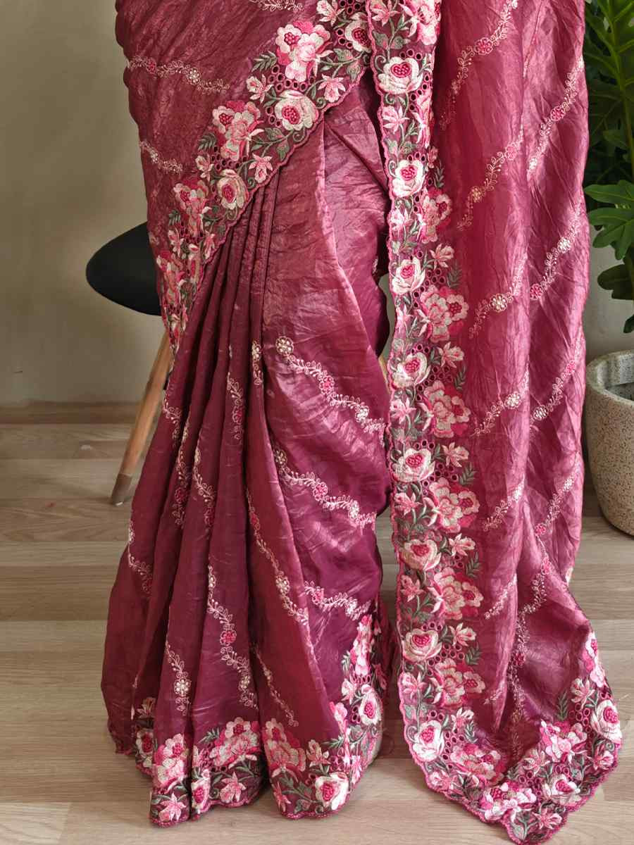 Wine Pure Crush Silk Embroidered Festival Wedding Fancy Heavy Border Saree