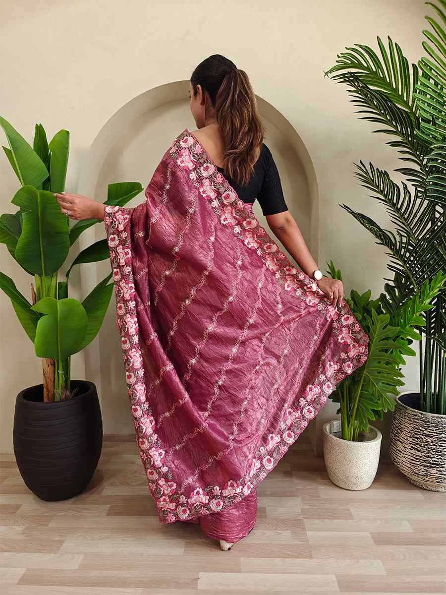 Wine Pure Crush Silk Embroidered Festival Wedding Fancy Heavy Border Saree