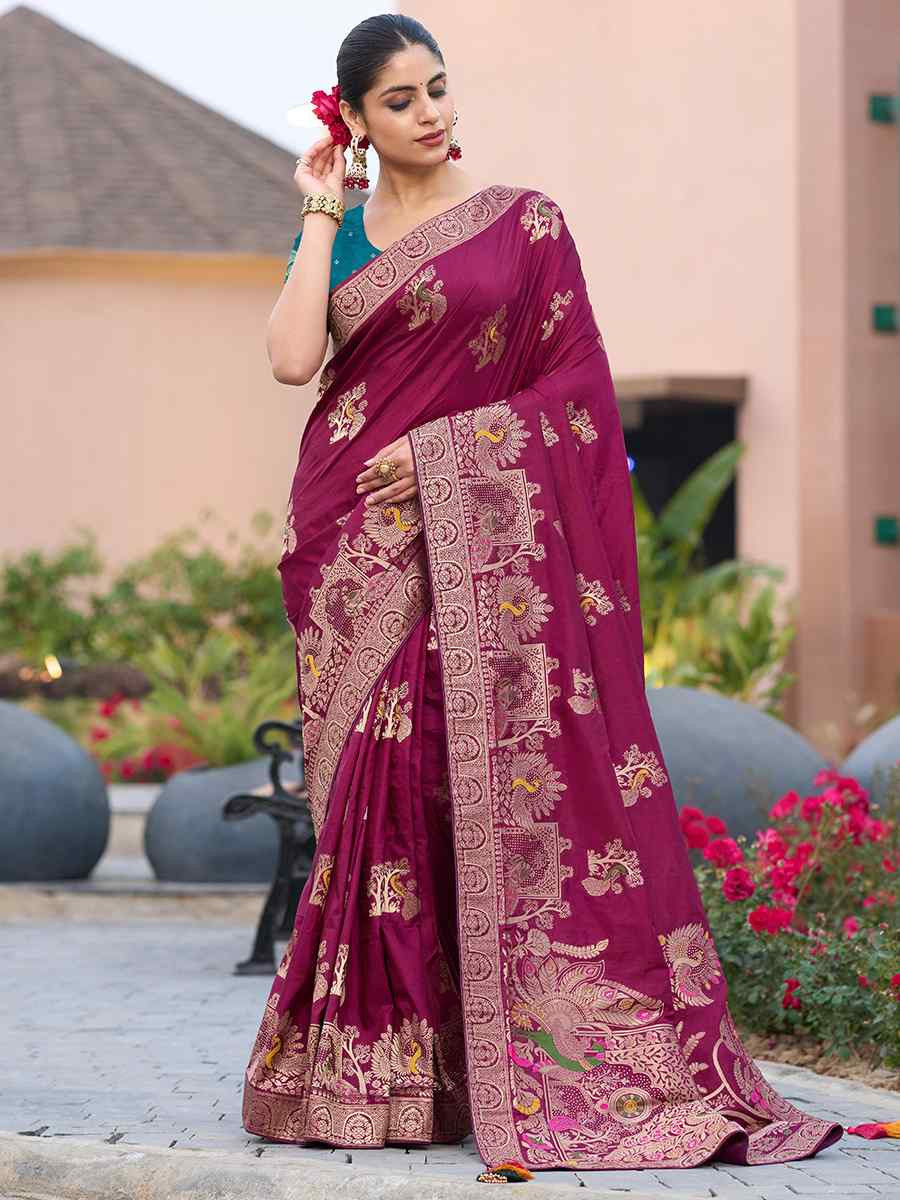 Wine Pure Dola Silk Handwoven Festival Wedding Fancy Heavy Border Saree
