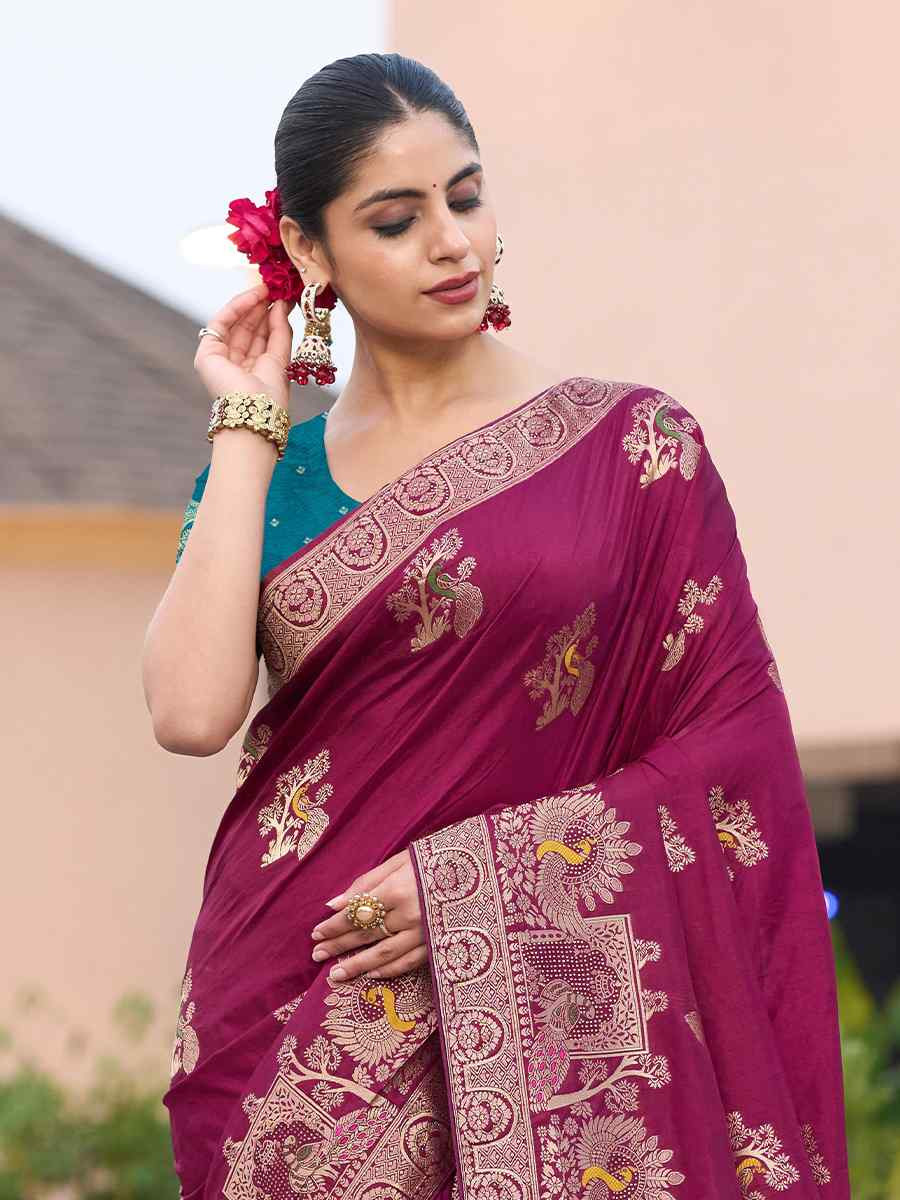 Wine Pure Dola Silk Handwoven Festival Wedding Fancy Heavy Border Saree