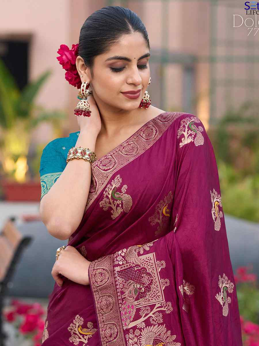 Wine Pure Dola Silk Handwoven Festival Wedding Fancy Heavy Border Saree