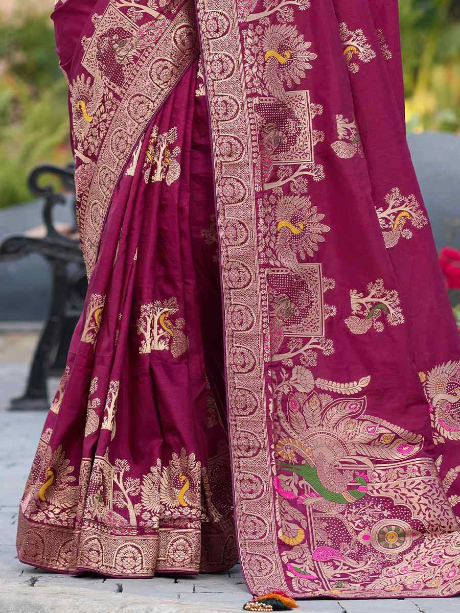 Wine Pure Dola Silk Handwoven Festival Wedding Fancy Heavy Border Saree