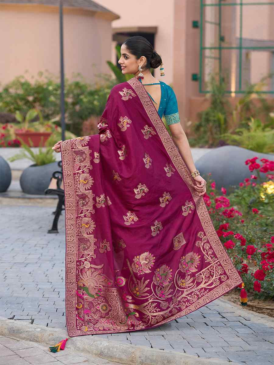 Wine Pure Dola Silk Handwoven Festival Wedding Fancy Heavy Border Saree