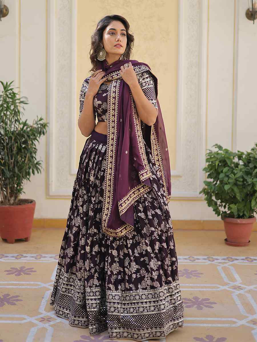 Wine Pure Dyable Viscose Embroidery Reception Party Wear Heavy Border Lehenga Choli