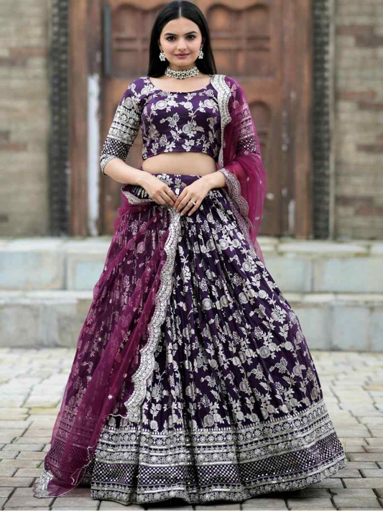 Wine Pure Dyable Viscose Jacquard Embroidered Reception Wedding Heavy Border Lehenga Choli