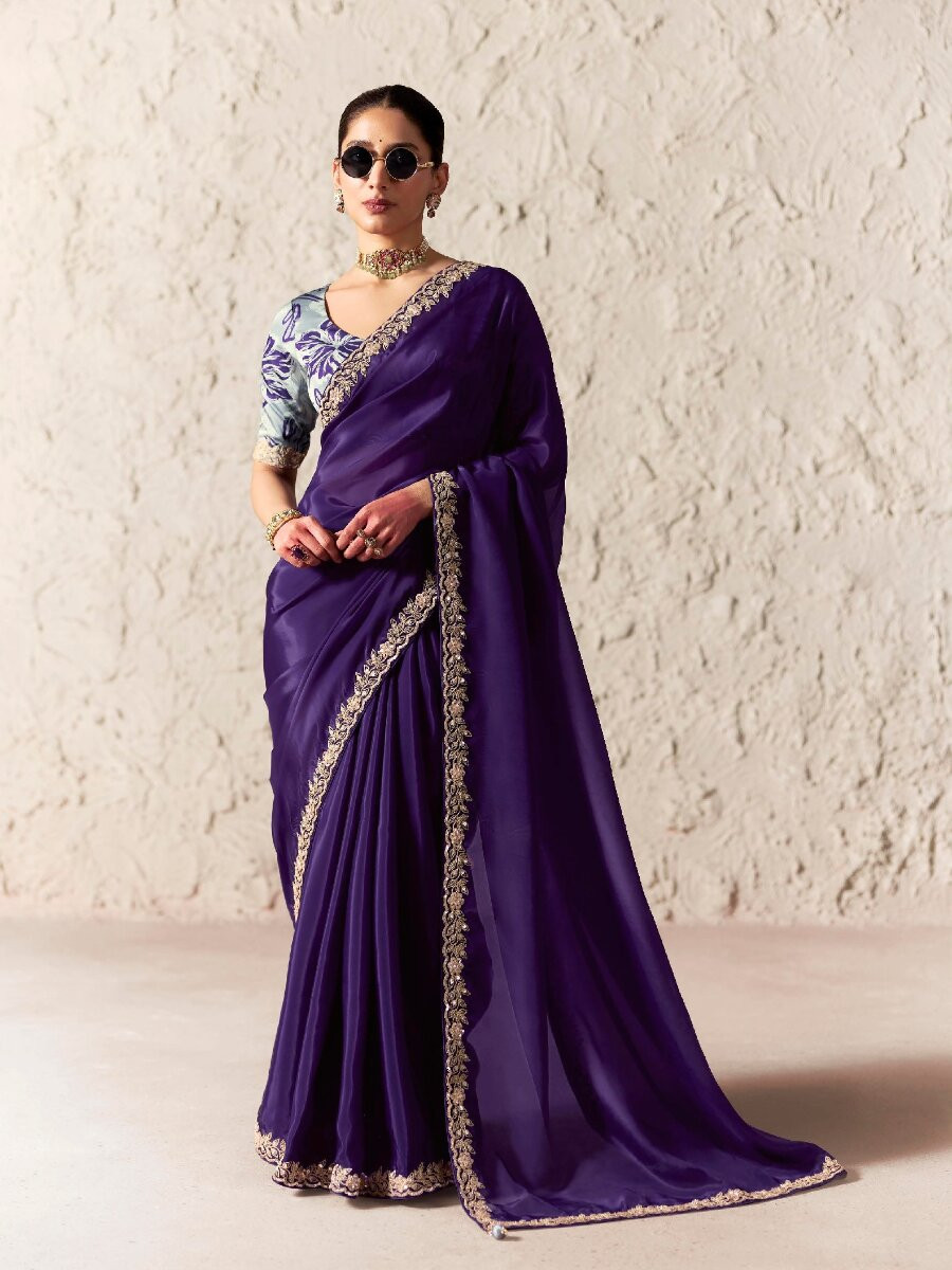 Wine Pure Fancy Tissue Silk Zari Sequins Wedding Reception Party Festival Heavy Border Sarees