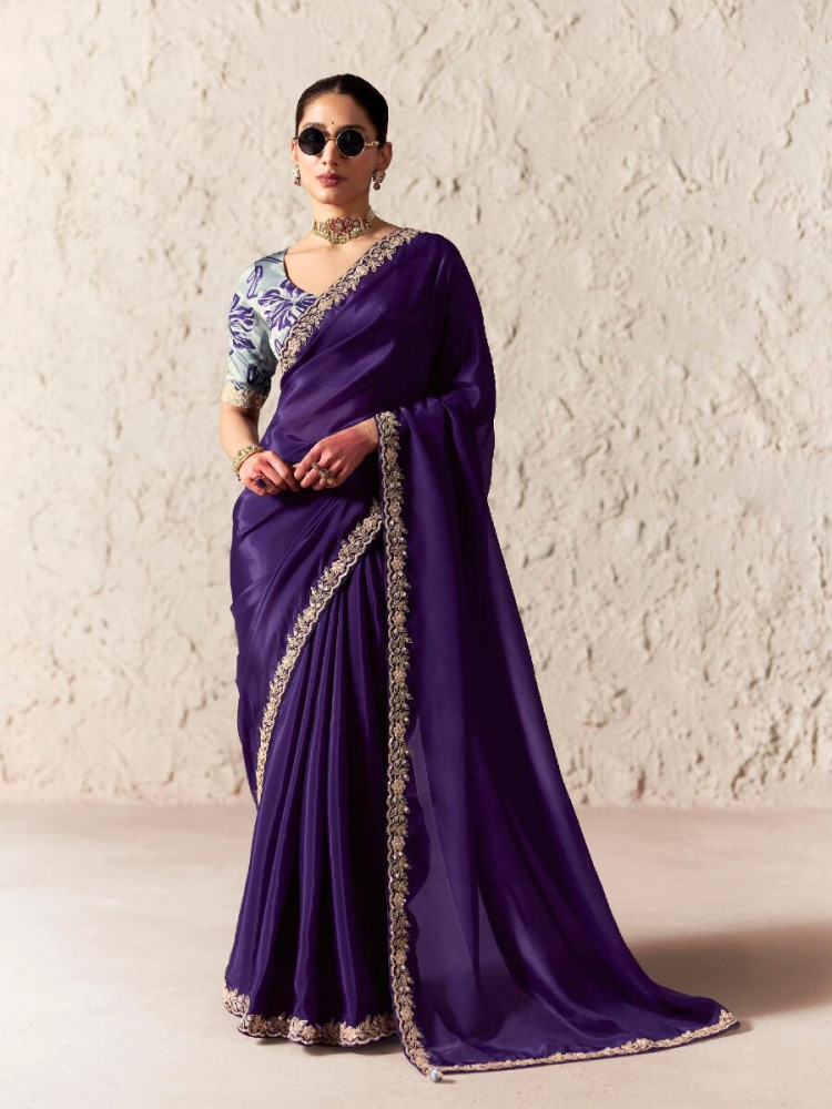 Image of Wine Pure Fancy Tissue Silk Zari Sequins Wedding Reception Party Festival Heavy Border Sarees