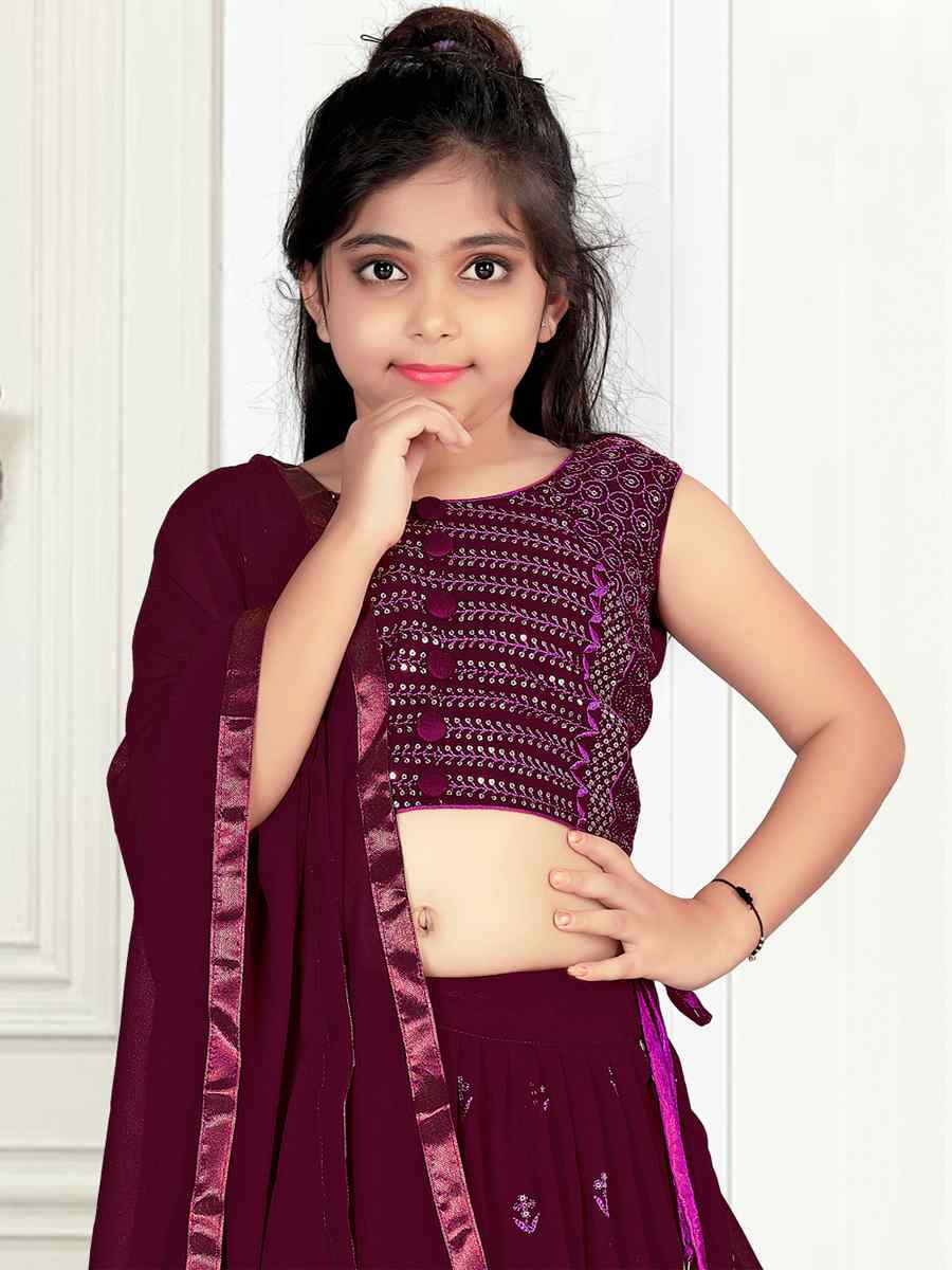 Wine Pure Georgette Embroidered Wedding Festival Lehengas Girls Wear