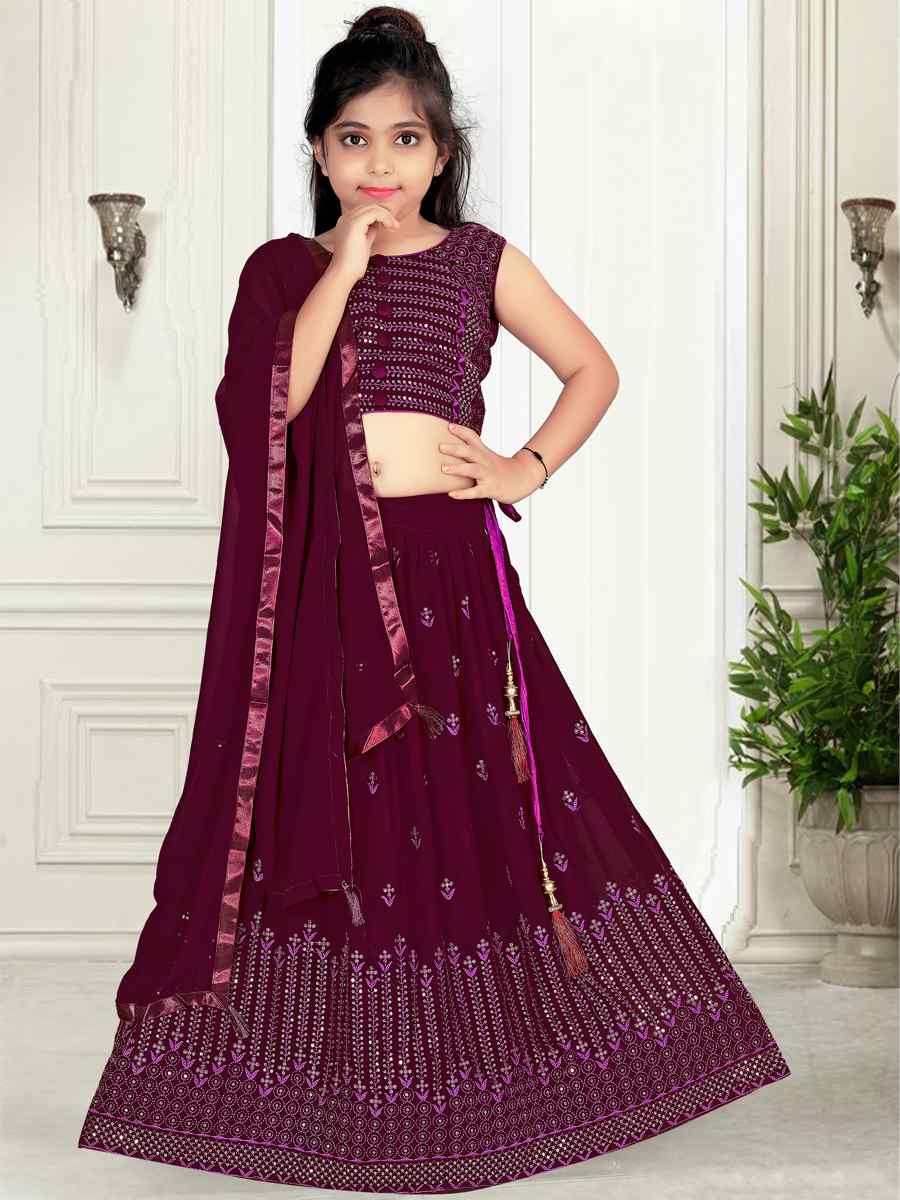 Wine Pure Georgette Embroidered Wedding Festival Lehengas Girls Wear