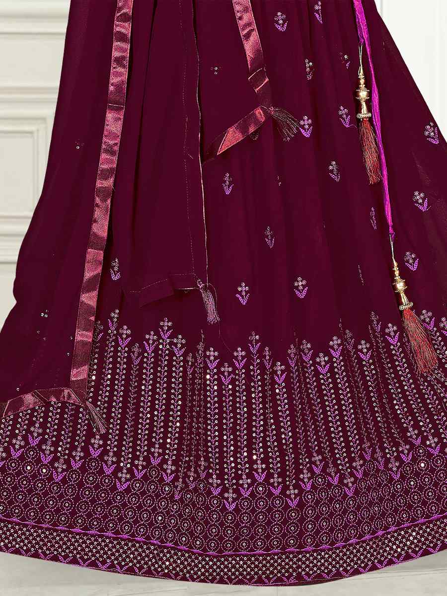 Wine Pure Georgette Embroidered Wedding Festival Lehengas Girls Wear