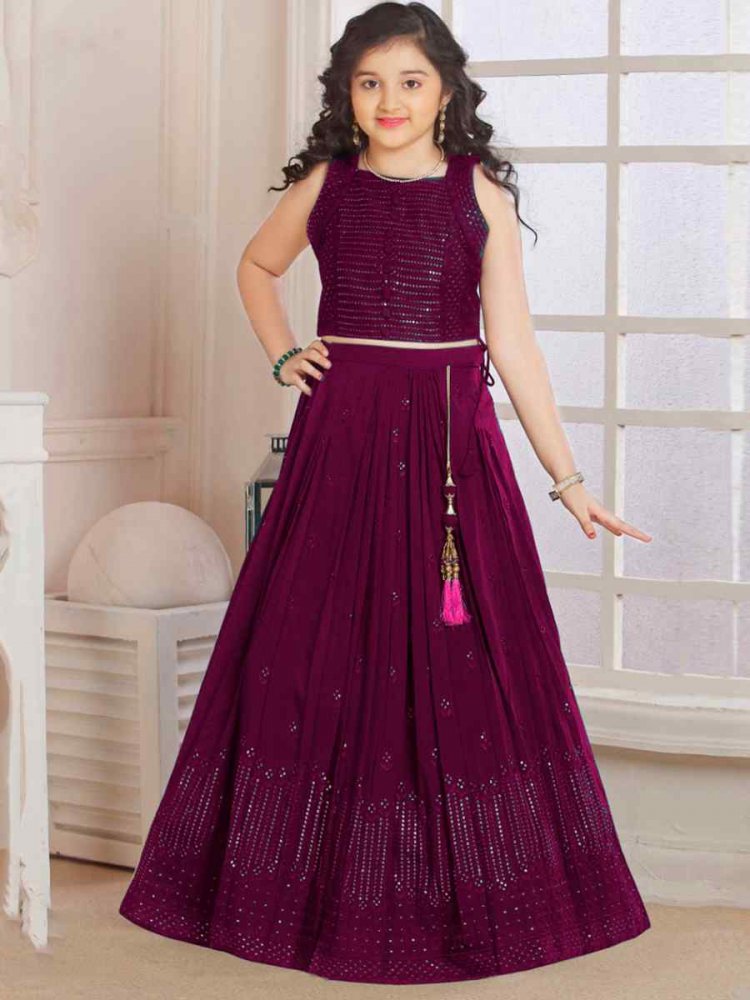 Wine Pure Georgette Sequins Wedding Festival Lehengas Girls Wear