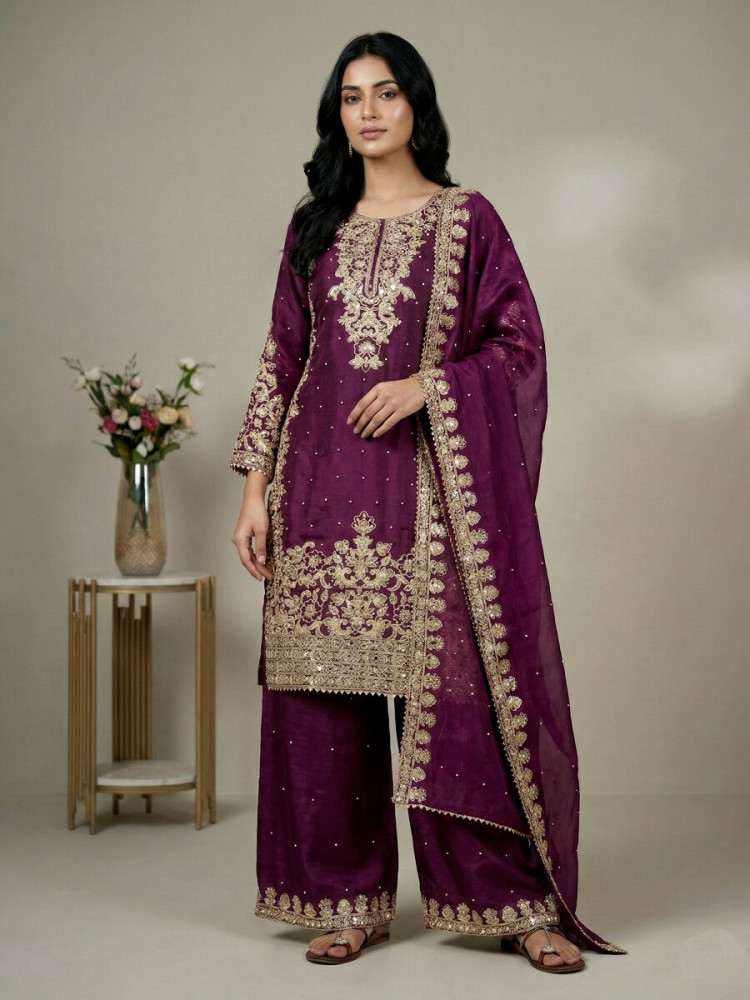 Image of Wine Pure Gmy Silk Embroidery Sequins Zari Party Wedding Engagement Festival Ready Palazzo Pant Salwar Kameez