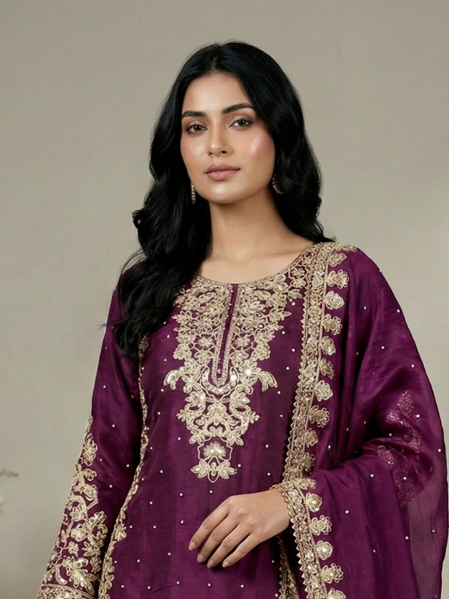 Wine Pure Gmy Silk Embroidery Sequins Zari Party Wedding Engagement Festival Ready Palazzo Pant Salwar Kameez