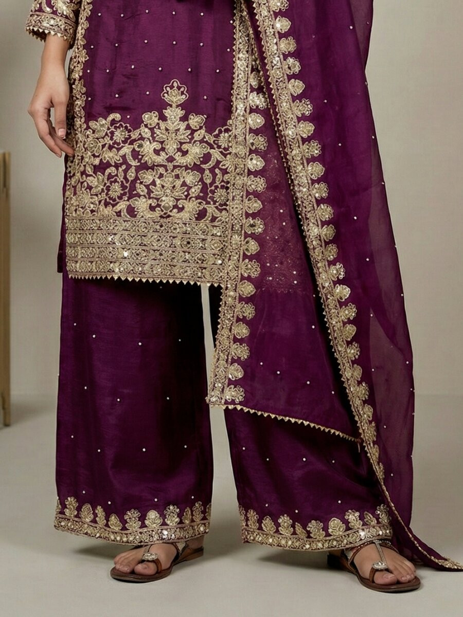 Wine Pure Gmy Silk Embroidery Sequins Zari Party Wedding Engagement Festival Ready Palazzo Pant Salwar Kameez