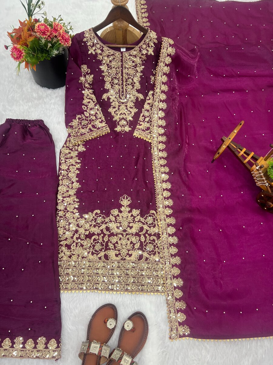 Wine Pure Gmy Silk Embroidery Sequins Zari Party Wedding Engagement Festival Ready Palazzo Pant Salwar Kameez