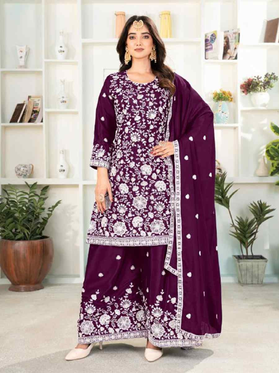 Wine Pure Heavy Chinnon Silk Embroidered Festival Casual Ready Palazzo Pant Salwar Kameez