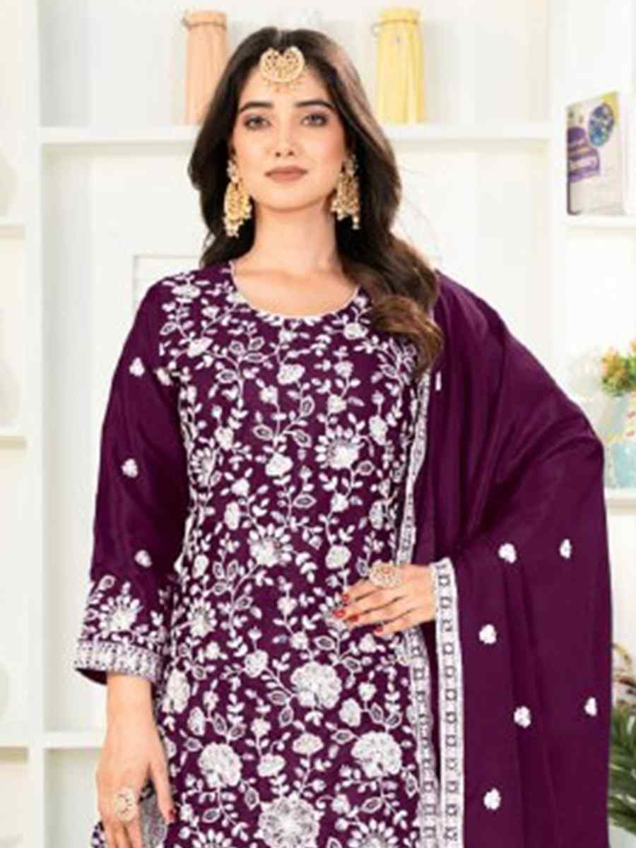 Wine Pure Heavy Chinnon Silk Embroidered Festival Casual Ready Palazzo Pant Salwar Kameez