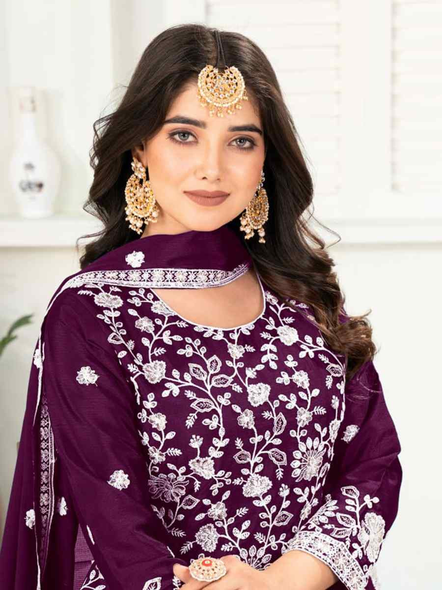 Wine Pure Heavy Chinnon Silk Embroidered Festival Casual Ready Palazzo Pant Salwar Kameez