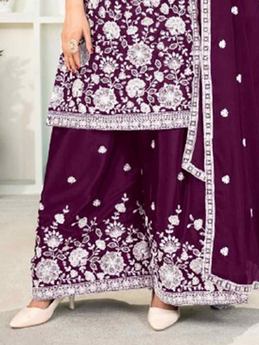 Wine Pure Heavy Chinnon Silk Embroidered Festival Casual Ready Palazzo Pant Salwar Kameez
