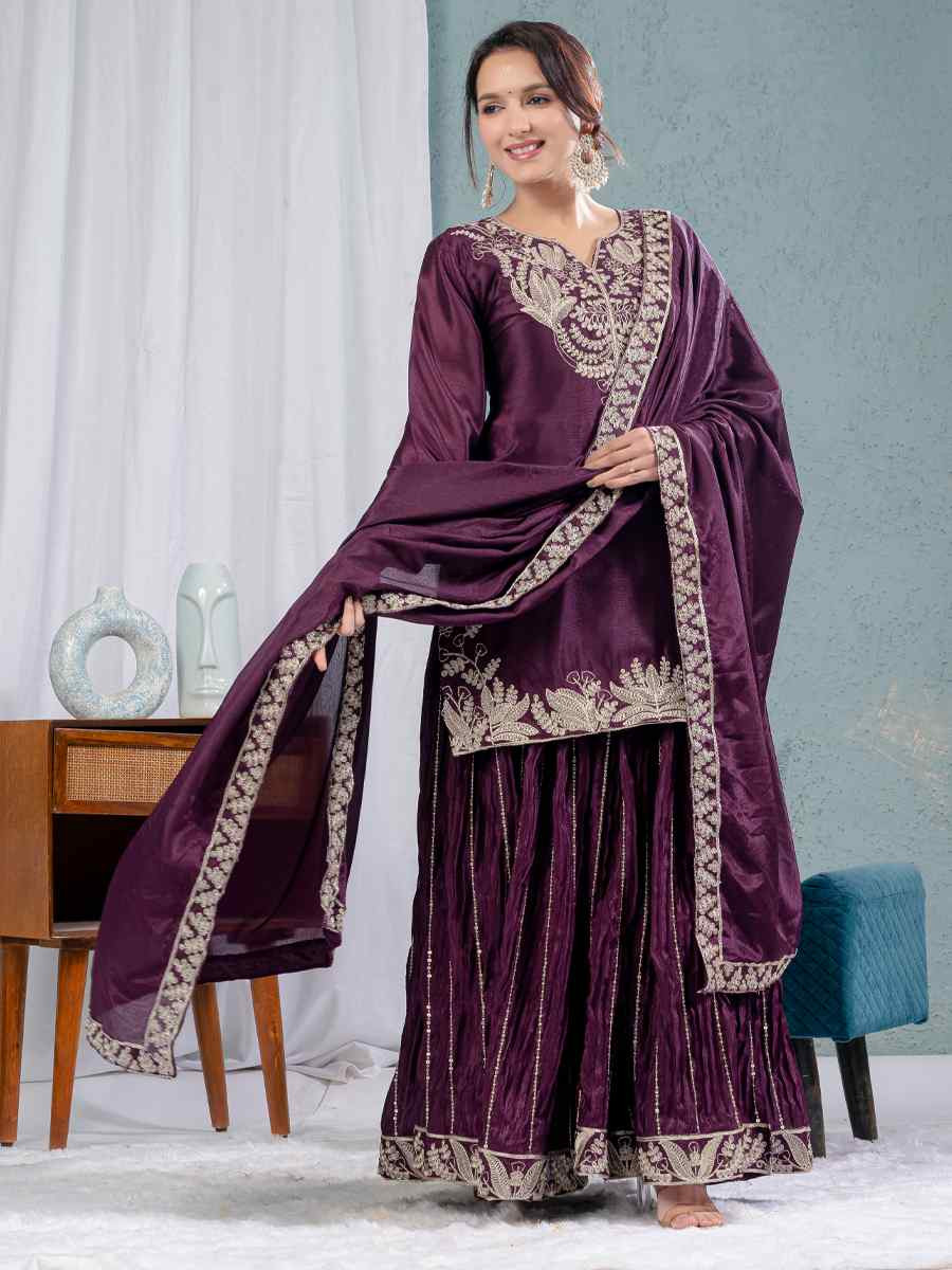 Wine Pure Heavy Chinnon Silk Embroidered Party Wedding Ready Sharara Salwar Kameez