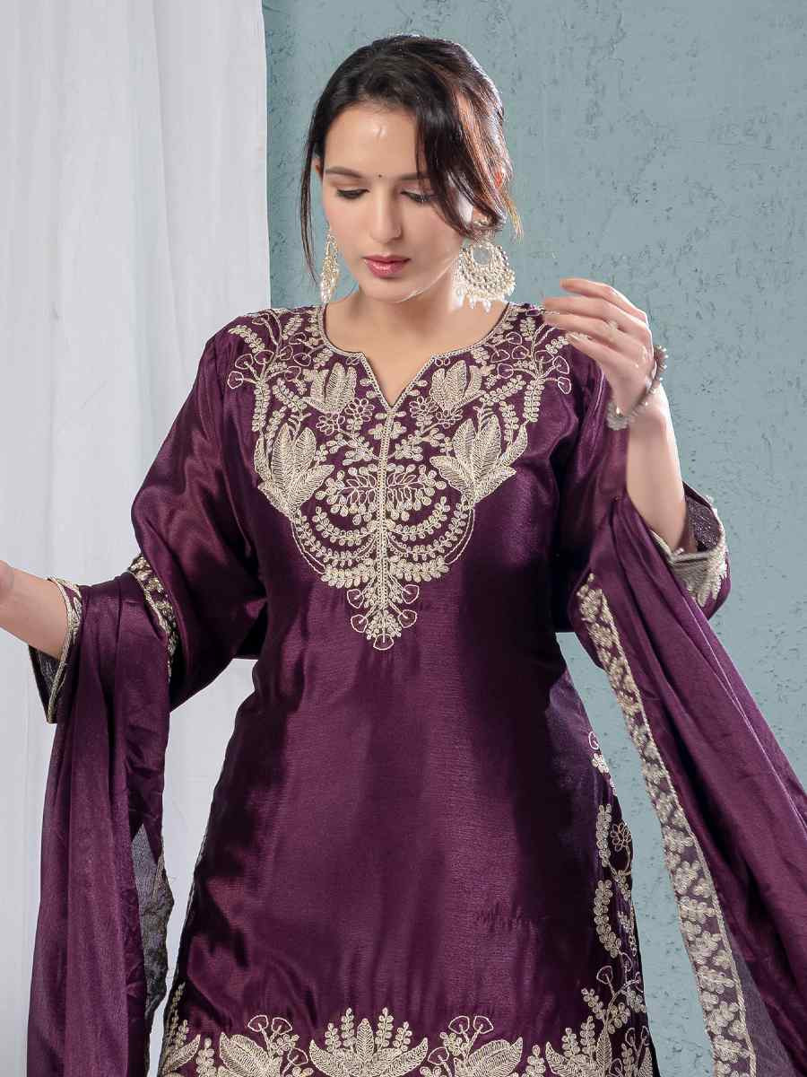 Wine Pure Heavy Chinnon Silk Embroidered Party Wedding Ready Sharara Salwar Kameez