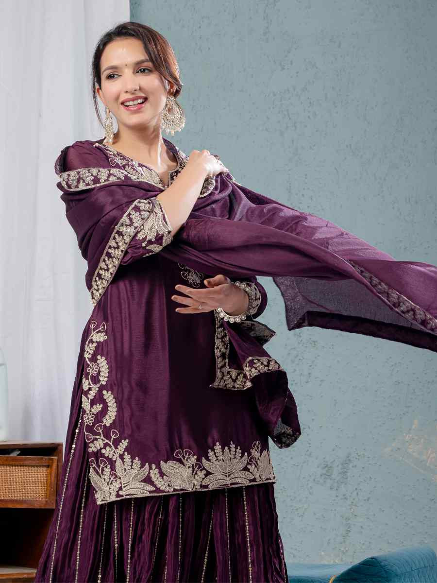 Wine Pure Heavy Chinnon Silk Embroidered Party Wedding Ready Sharara Salwar Kameez