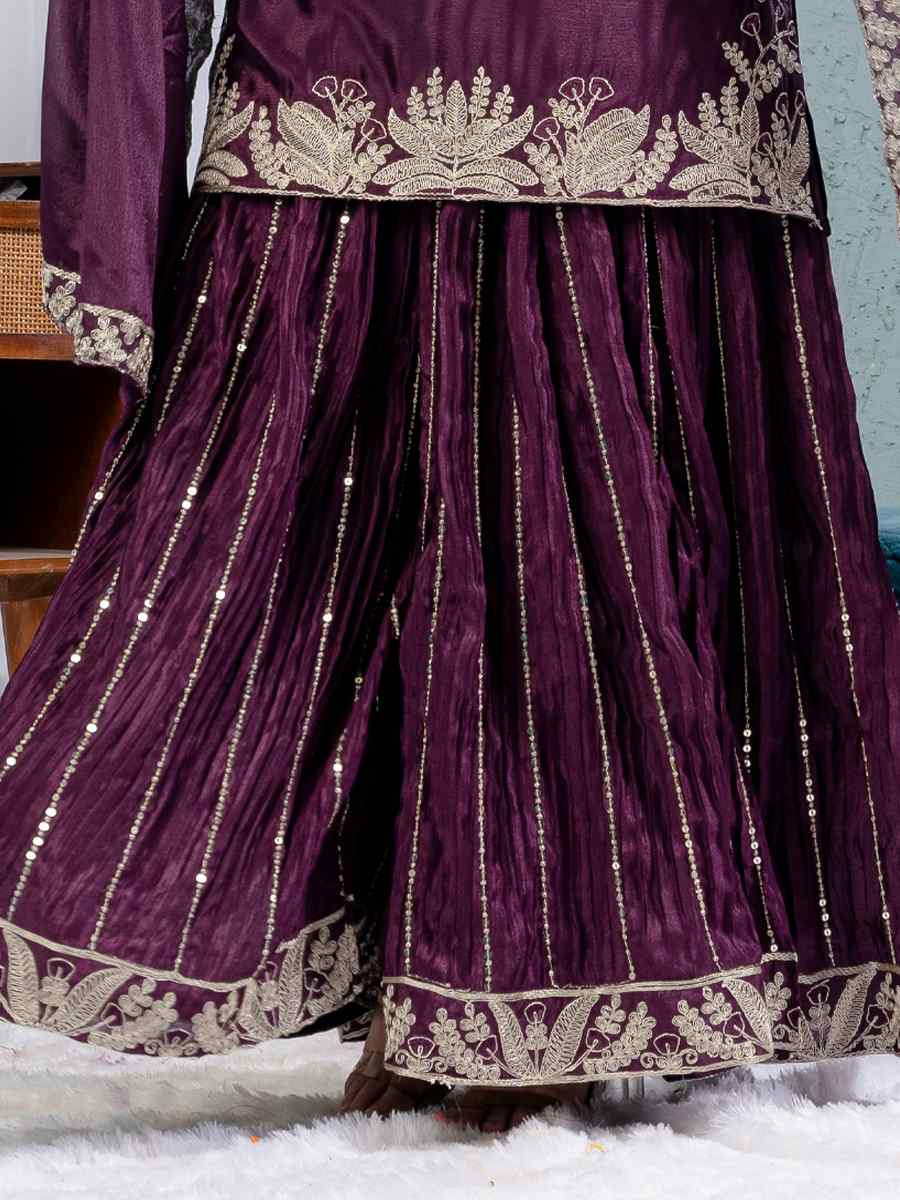 Wine Pure Heavy Chinnon Silk Embroidered Party Wedding Ready Sharara Salwar Kameez