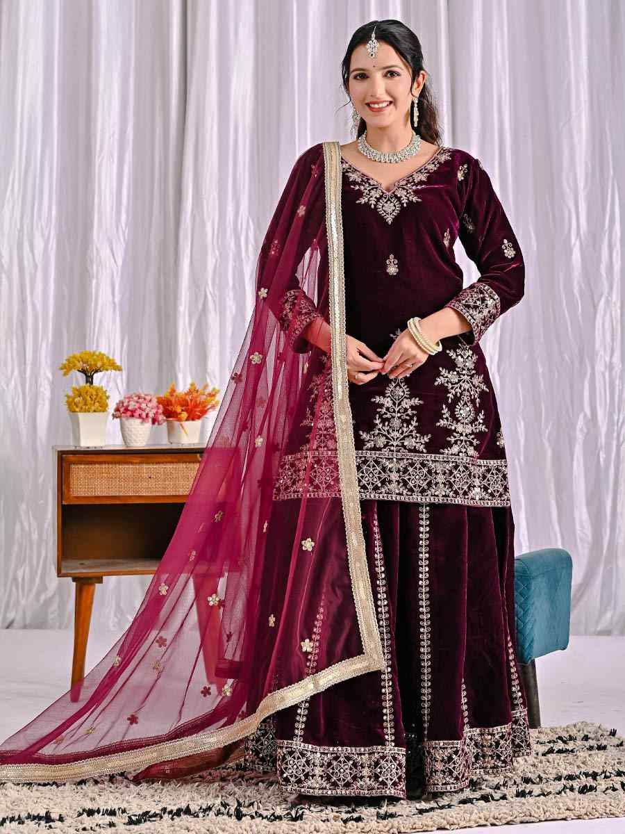 Wine Pure Heavy Viscose Velvet Embroidery Party Wedding Festival Casual Ready Palazzo Pant Salwar Kameez
