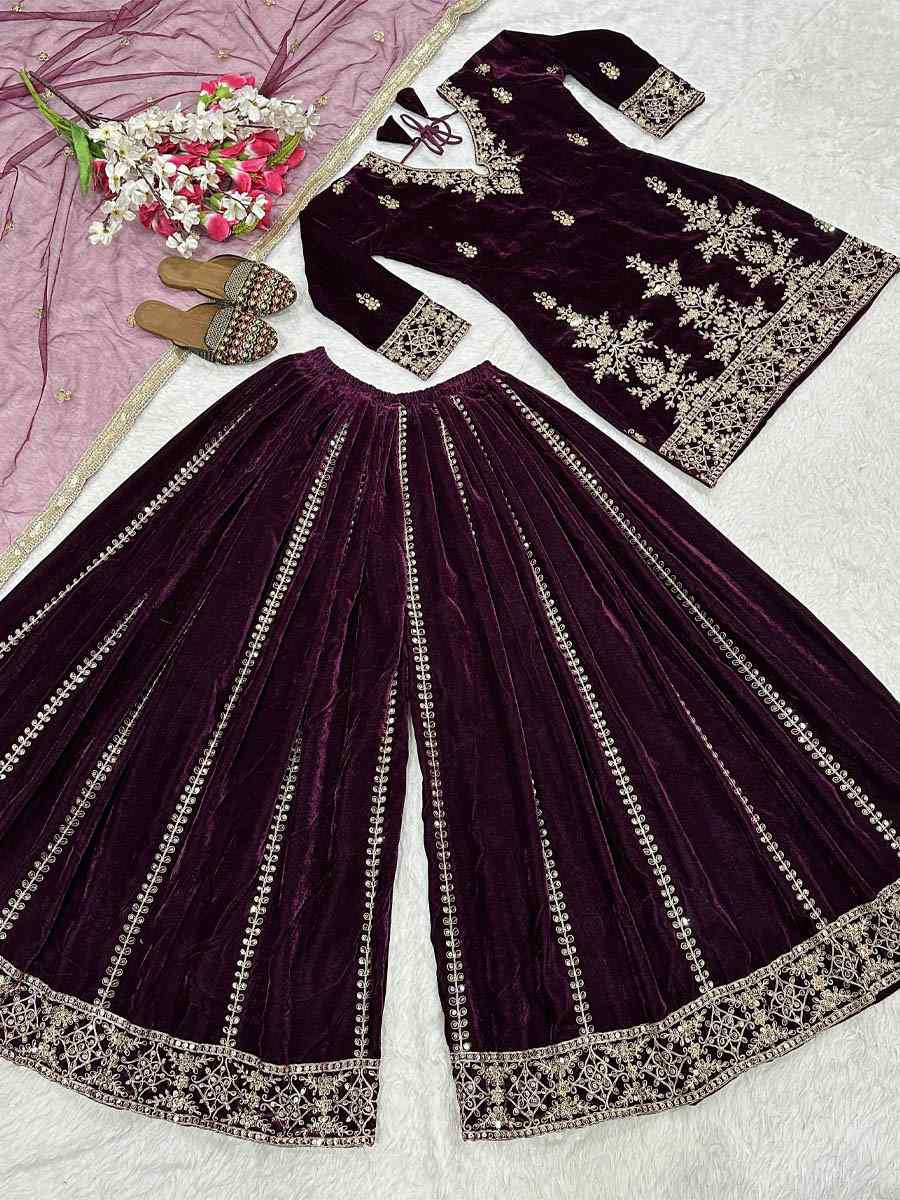 Wine Pure Heavy Viscose Velvet Embroidery Party Wedding Festival Casual Ready Palazzo Pant Salwar Kameez