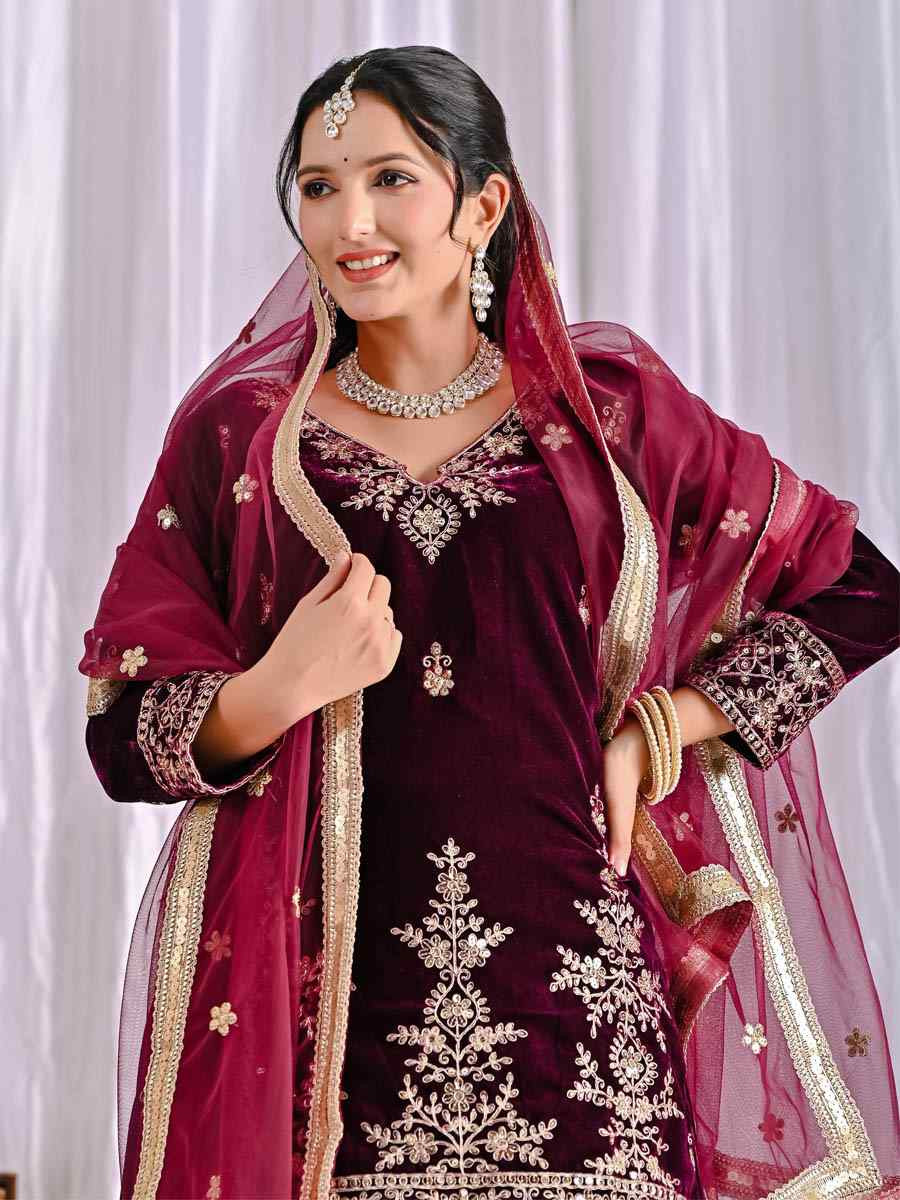 Wine Pure Heavy Viscose Velvet Embroidery Party Wedding Festival Casual Ready Palazzo Pant Salwar Kameez