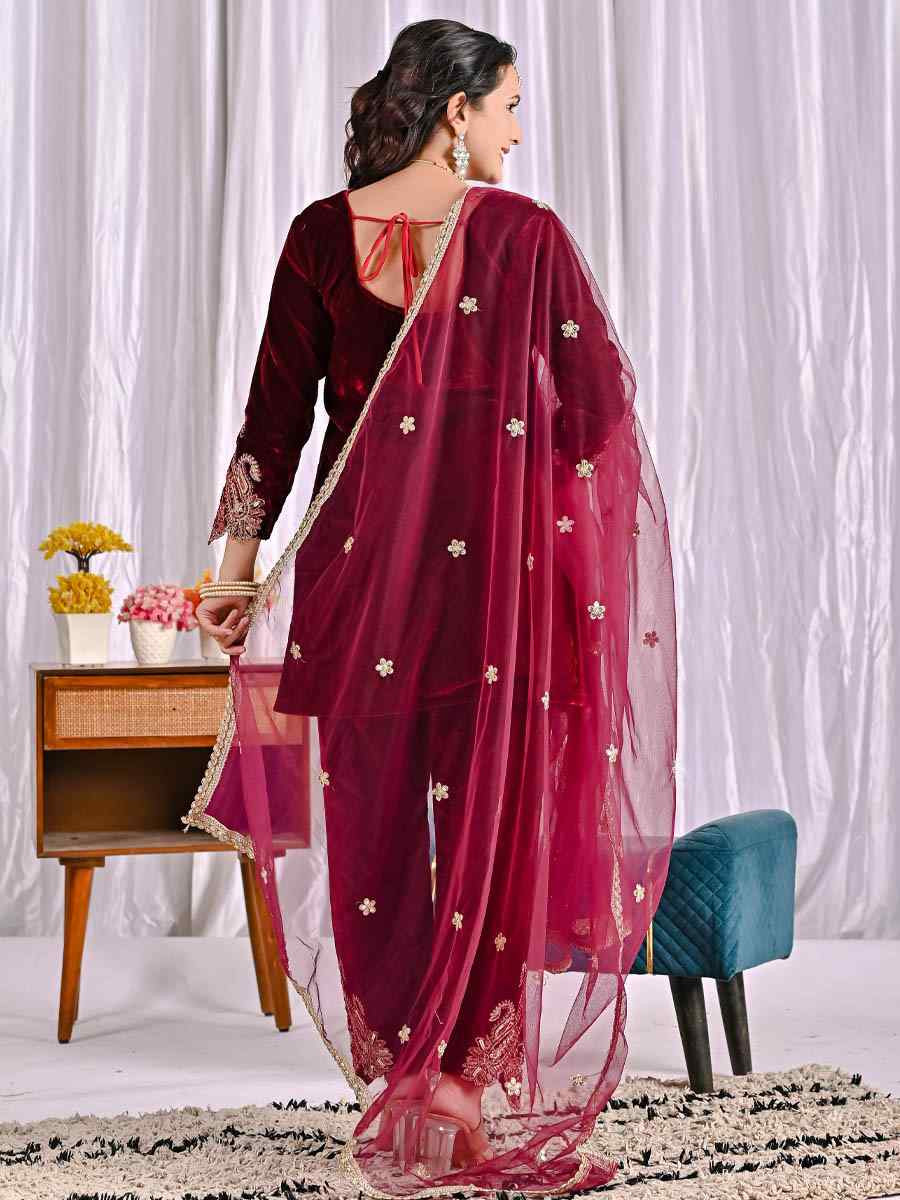 Wine Pure Heavy Viscose Velvet Embroidery Party Wedding Festival Casual Ready Palazzo Pant Salwar Kameez