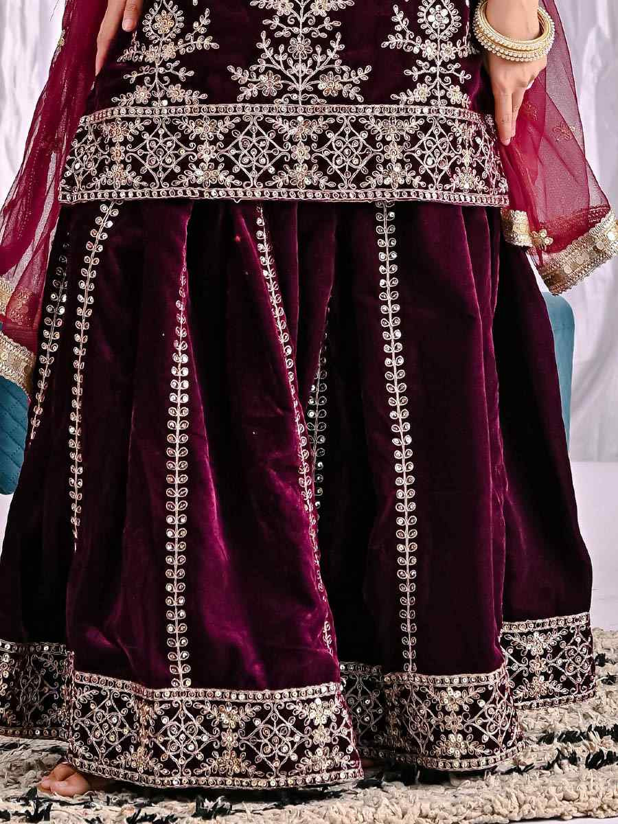 Wine Pure Heavy Viscose Velvet Embroidery Party Wedding Festival Casual Ready Palazzo Pant Salwar Kameez