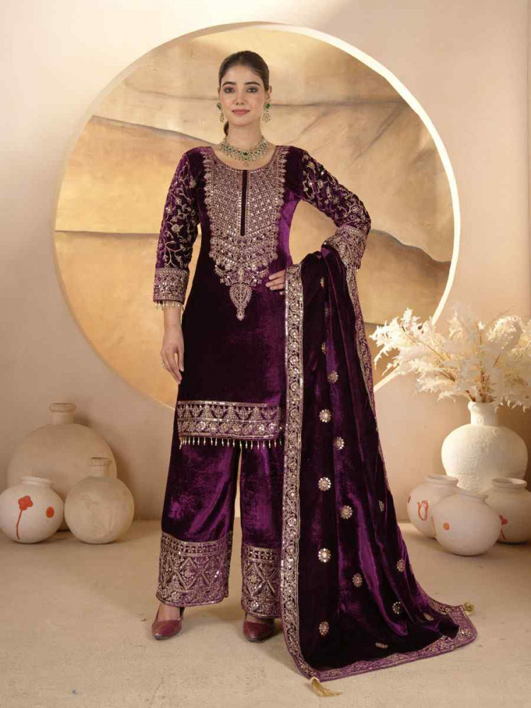 Image of Wine Pure Heavy Viscose Velvet Embroidery Party Wedding Festival Casual Ready Pant Salwar Kameez