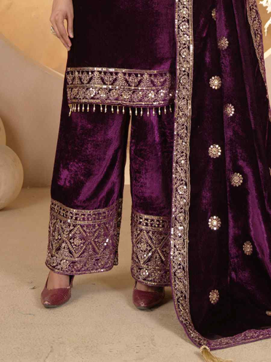 Wine Pure Heavy Viscose Velvet Embroidery Party Wedding Festival Casual Ready Pant Salwar Kameez