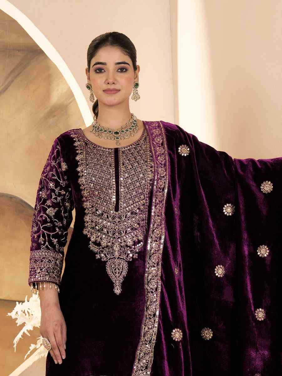 Wine Pure Heavy Viscose Velvet Embroidery Party Wedding Festival Casual Ready Pant Salwar Kameez
