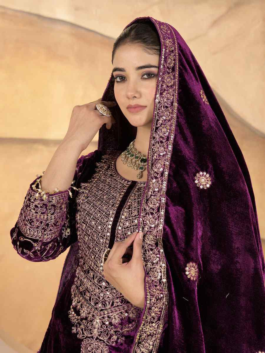 Wine Pure Heavy Viscose Velvet Embroidery Party Wedding Festival Casual Ready Pant Salwar Kameez